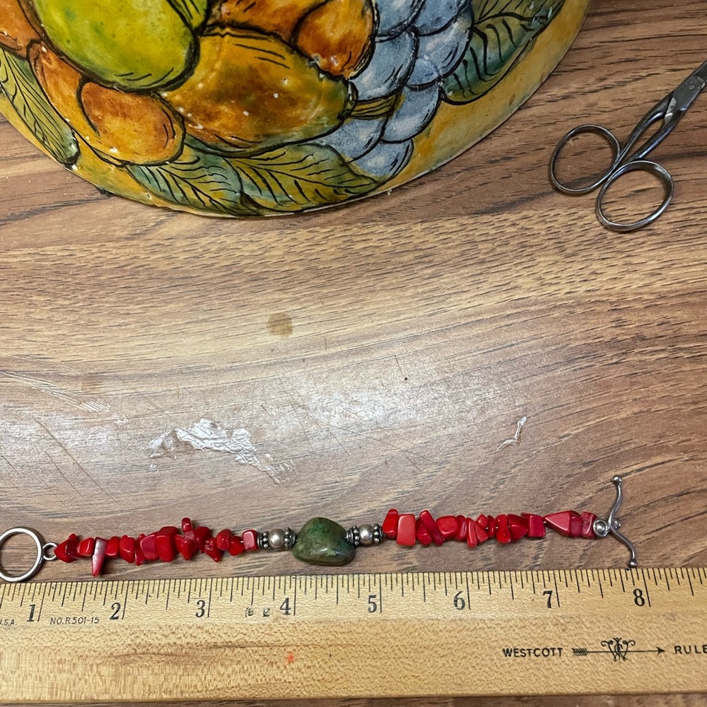 Real red coral bracelet with large turquoise nugget, sterling silver.